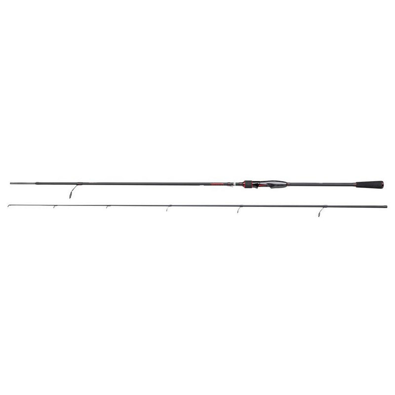 A sleek and modern Abu Garcia Vendetta V3 Spinning Rod, featuring a streamlined black design with subtle red accents near the handle. The rod is equipped with high-performance guides and a full carbon reel seat for enhanced sensitivity and balance. The high-density EVA handle ensures a comfortable and firm grip.