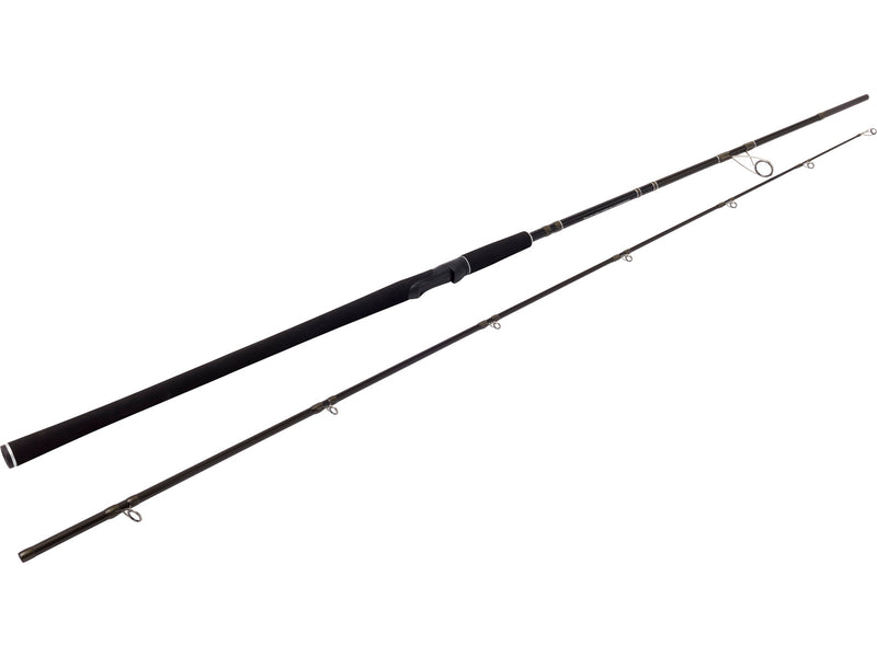 A Westin W2 Powercast Spinning Rod with a matte black finish, complemented by subtle silver accents at the joints and around the Seaguide® reel seat. The rod is outfitted with premium Seaguide® guides and features a split-handle design with a high-grade EVA grip for comfort and control during casting and retrieval.
