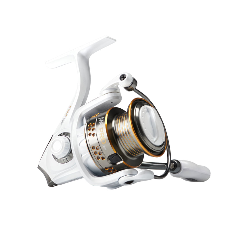 A sleek Abu Garcia Max Pro Spinning Reel with a white body, accented with gold and black detailing. The spool features a gold band, and the reel is equipped with a comfortable handle for smooth operation.