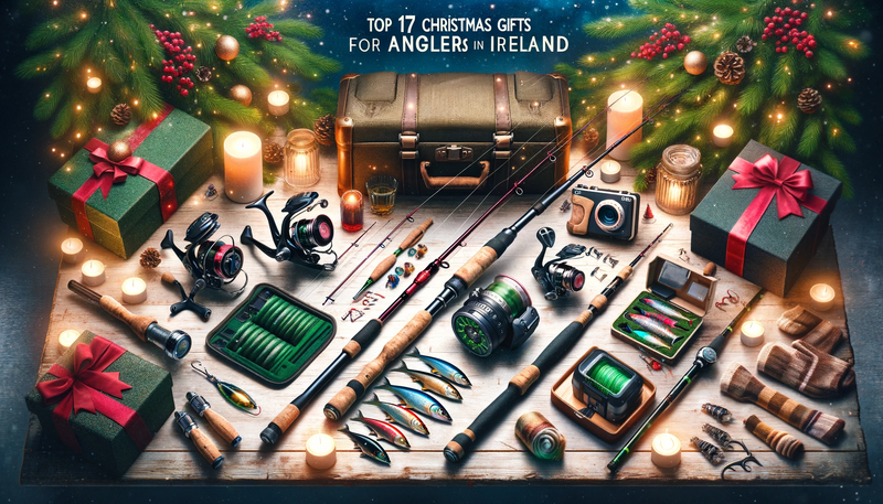 An inviting Christmas-themed display of fishing equipment, including various rods, reels, a wooden tackle box, an array of colorful lures, and an underwater camera, with holiday gifts, fir branches, and lit candles arranged on a rustic wooden table