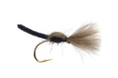 Fly fishing fly with black and brown body on a white background