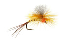 Fishing fly with yellow and brown body on a white background