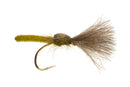 Fishing fly with brown and green body on a white background