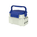A plastic storage or utility box with a white lower body and a sapphire blue top handle and lid, shown on a plain white background with the text 'Sapphire blue' below.
