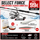 Promotional graphic for a Select Force Long Distance Seabass Combo Deal, showing a spinning fishing rod and reel with a soft plastic bait, plus included accessories: a Westin W3 braided line spool, a fishing line spool, and two soft baits. Text highlights the price as only 99€, with product names and specifications listed.