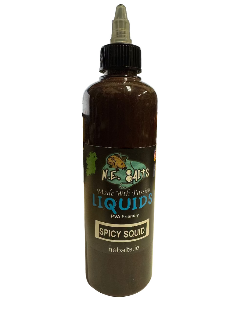 Bottle of N.E. Baits Spicy Squid liquid 