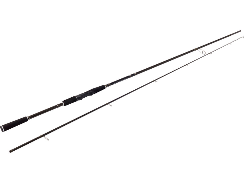 A Westin W2 Powerteez Spinning Rod featuring a sleek, matte black finish with subtle silver accents. The rod is equipped with premium Seaguide® guides, a split-handle design with high-grade EVA grips, and a unique hook keeper for convenience. It's a two-piece construction that offers a blend of sensitivity and strength, tailored for precision jigging and soft lure fishing.
