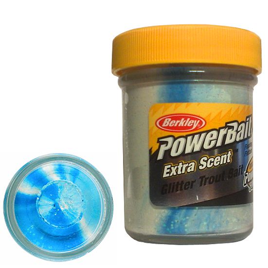 Berkley PowerBait Extra Scent Glitter Trout Bait White Neon Blue with Glitter