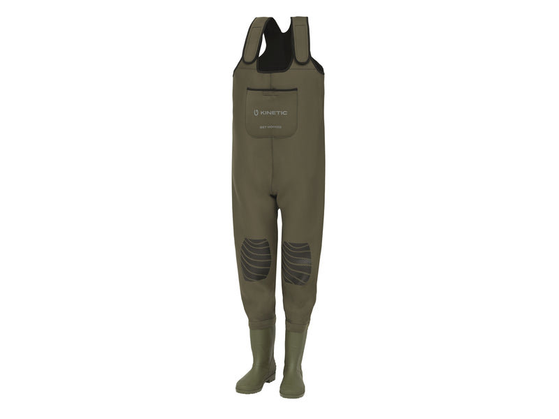 This pair of Kinetic NeoGaiter Neoprene Waders looks ready to take on any angling adventure, keeping the wearer warm and dry. The olive green color is practical for outdoor use, and the reinforced knee pads suggest added durability where it's needed most. The integrated boots appear sturdy, with soles that would provide good traction. It's a functional design with a focus on comfort and utility, featuring a large front pocket for accessible storage.