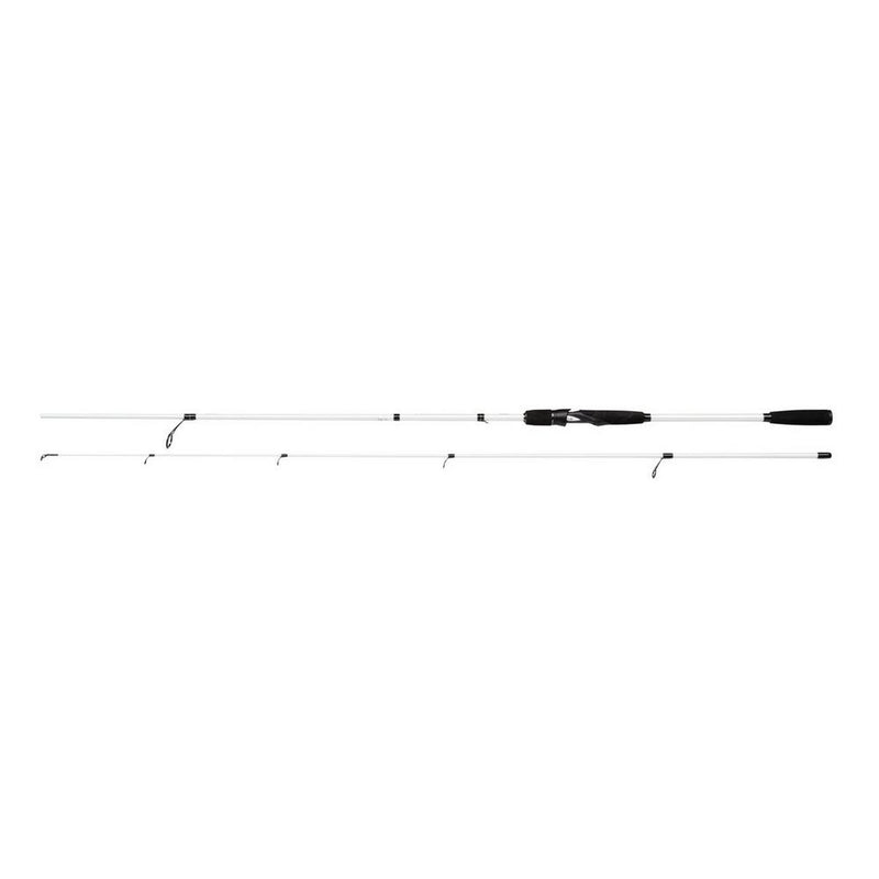 An Abu Garcia Venerate EVA Spinning Rod featuring a minimalist design with a clean white finish, black guide rings, a black reel seat, and a contrasting black EVA handle for a comfortable and secure grip.